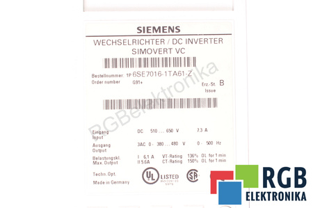 SIEMENS 6SE7016-1TA61-Z Z=G91+ SIMOVERT VC