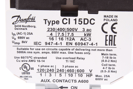DANFOSS CI15DC12 037H800366 12V 16A 7.5KW 3 NO MAIN STYKAČ