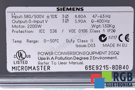 SIEMENS 6SE9215-8DB40 MICROMASTER