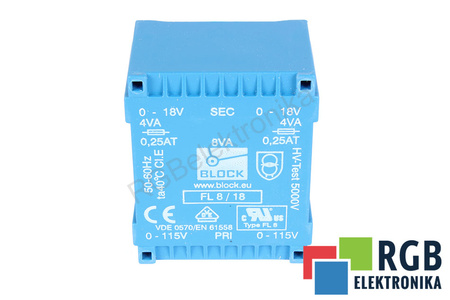 BLOCK FL8/18 2 X 115V, 2 X 18V, 8 VA, 50HZ / 60HZ TRANSFORMÁTOR